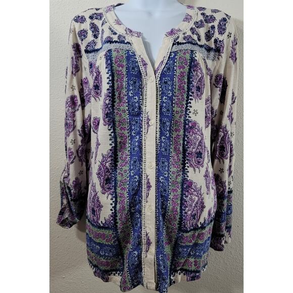Style & Co Purple Blue Cream Floral Print Button Up Top Large Lightweight Soft - Picture 1 of 5